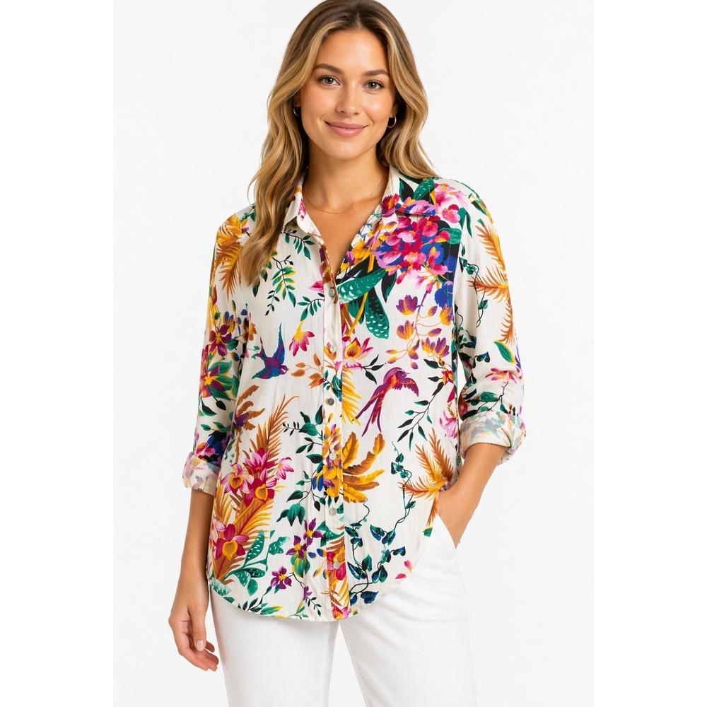 Rachel Rachel Roy Tropical Floral Bird Print Linen Blend Button Down Shirt S